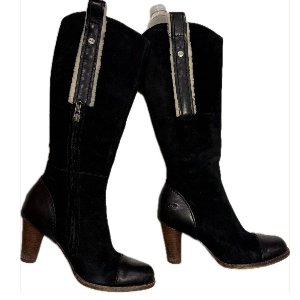UGG Black Heeled Boots with Leather Accents